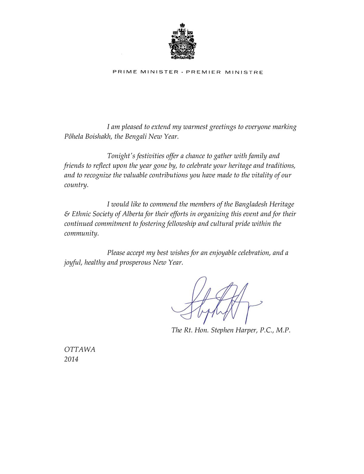 Message from the Prime Minister of Canada, The Rt. Hon. Stephen Harper